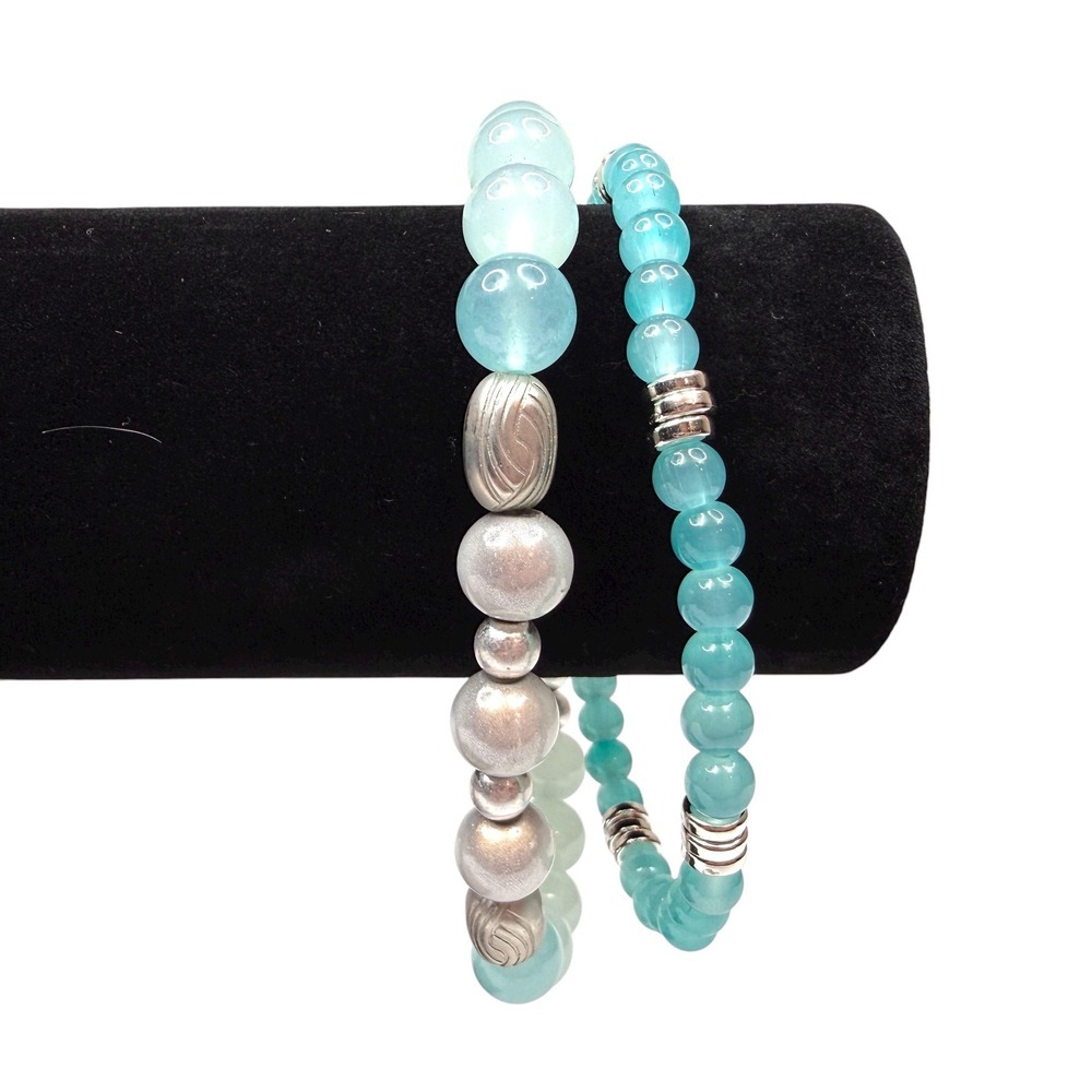 Aqua Glass Beaded Stackable Bracelet Silver Tone Accents Coastal Fashion Jewelry